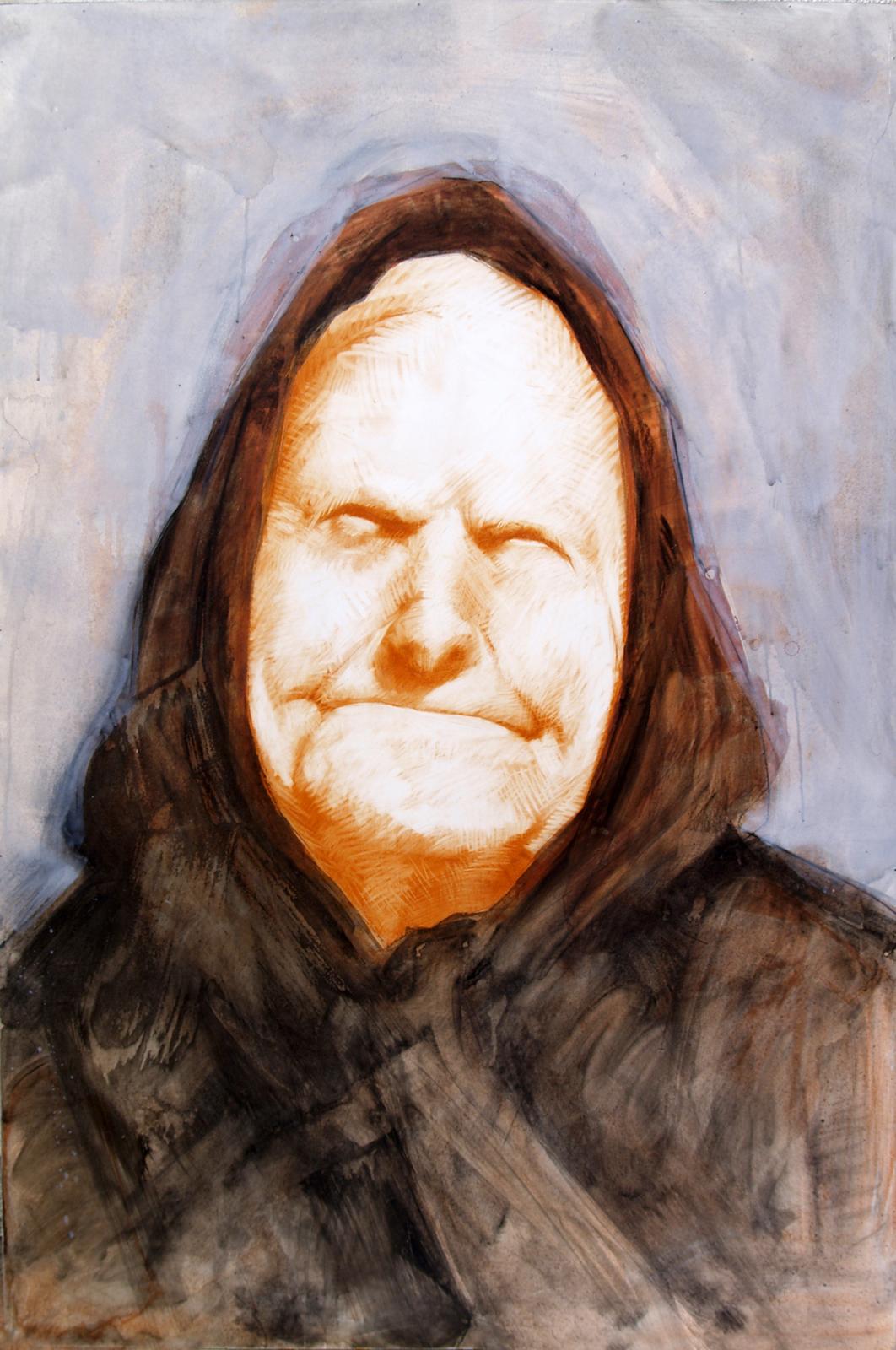 Retrato de frontal del rostro de una anciana tocada con pañuelo negro sobre fondo azul