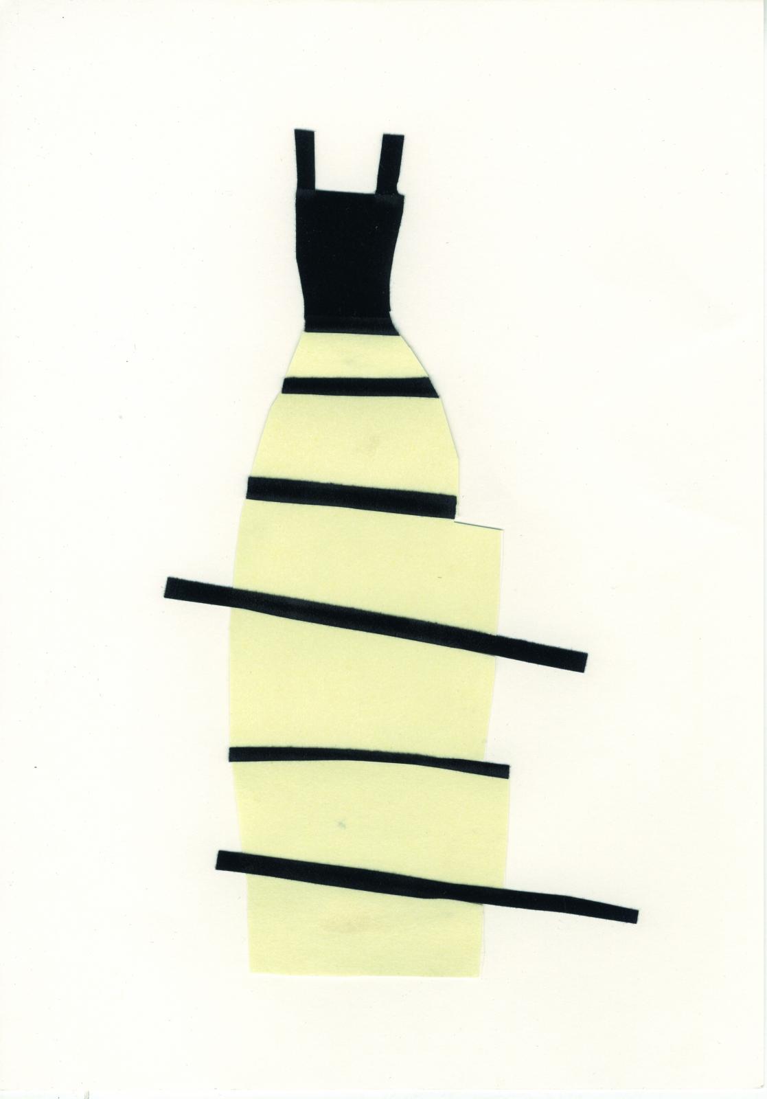 Diseño 3. Serie vestidos. Vestido blanco y negro elaborado con la técnica de collage