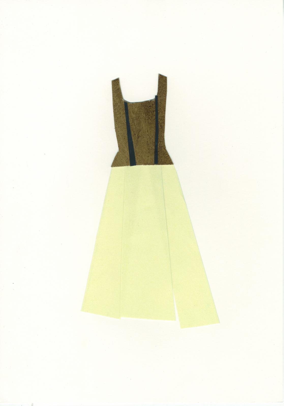 Diseño 10. Vestido beige y marrón, recortado en diversos materiales y pegado sobre fondo blanco