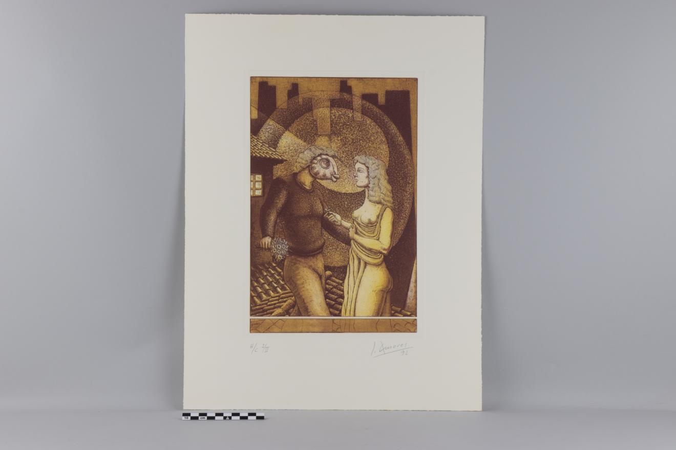 Grabado sobre papel blanco en formato rectangular vertical, realizado en tonos ocres y amarillos